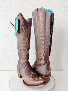 Lane LEXINGTON Cognac Brown Cowboy Boots Womens 9 Knee High Western Snip Toe